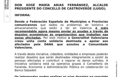 COMUNICADO SOBRE COMO PODER AXUDAR AOS DAMNIFICADOS POLA DANA EN VALENCIA