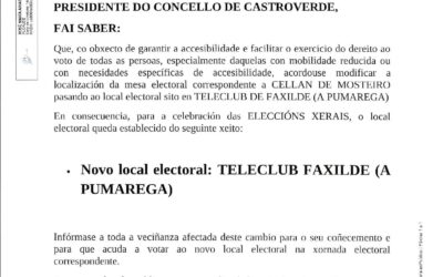CAMBIO DE LOCAL ELECTORAL: DE CELLAN DE MOSTEIRO A TELECLUB DE FAXILDE